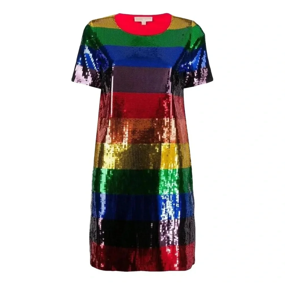Michael Michael Kors Rainbow Sequined Cotton-Jersey T-Shirt Dress Size XS - Picture 5 of 10